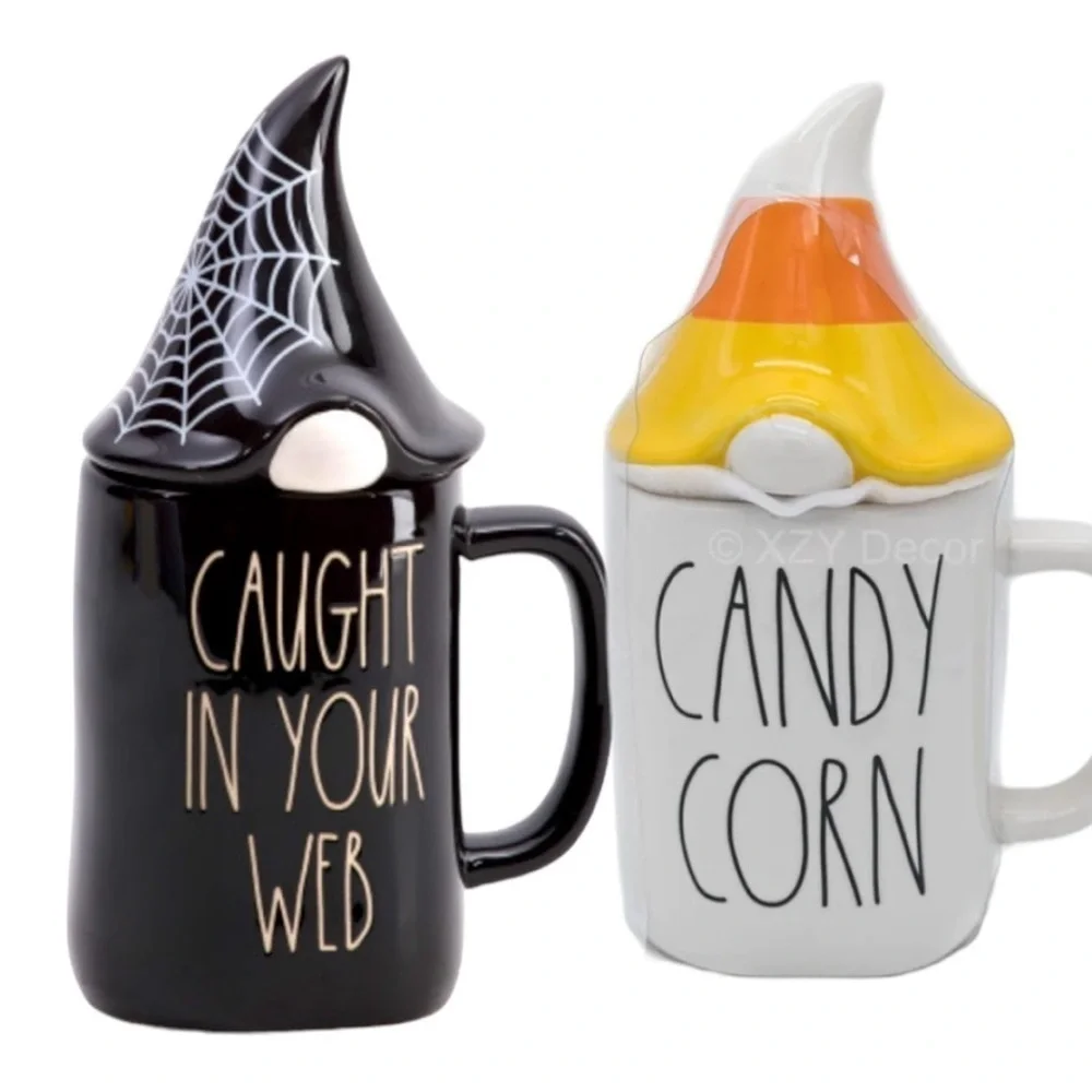 Rae Dunn CAUGHT IN YOUR WEB & Candy Corn Gnome Mugs NEW Halloween Mug Set